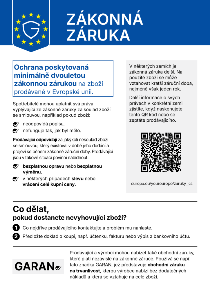 Harmonizované oznámení Evropské unie o zákonné záruce shody v českém jazyce – dvouletá zákonná záruka na spotřební zboží